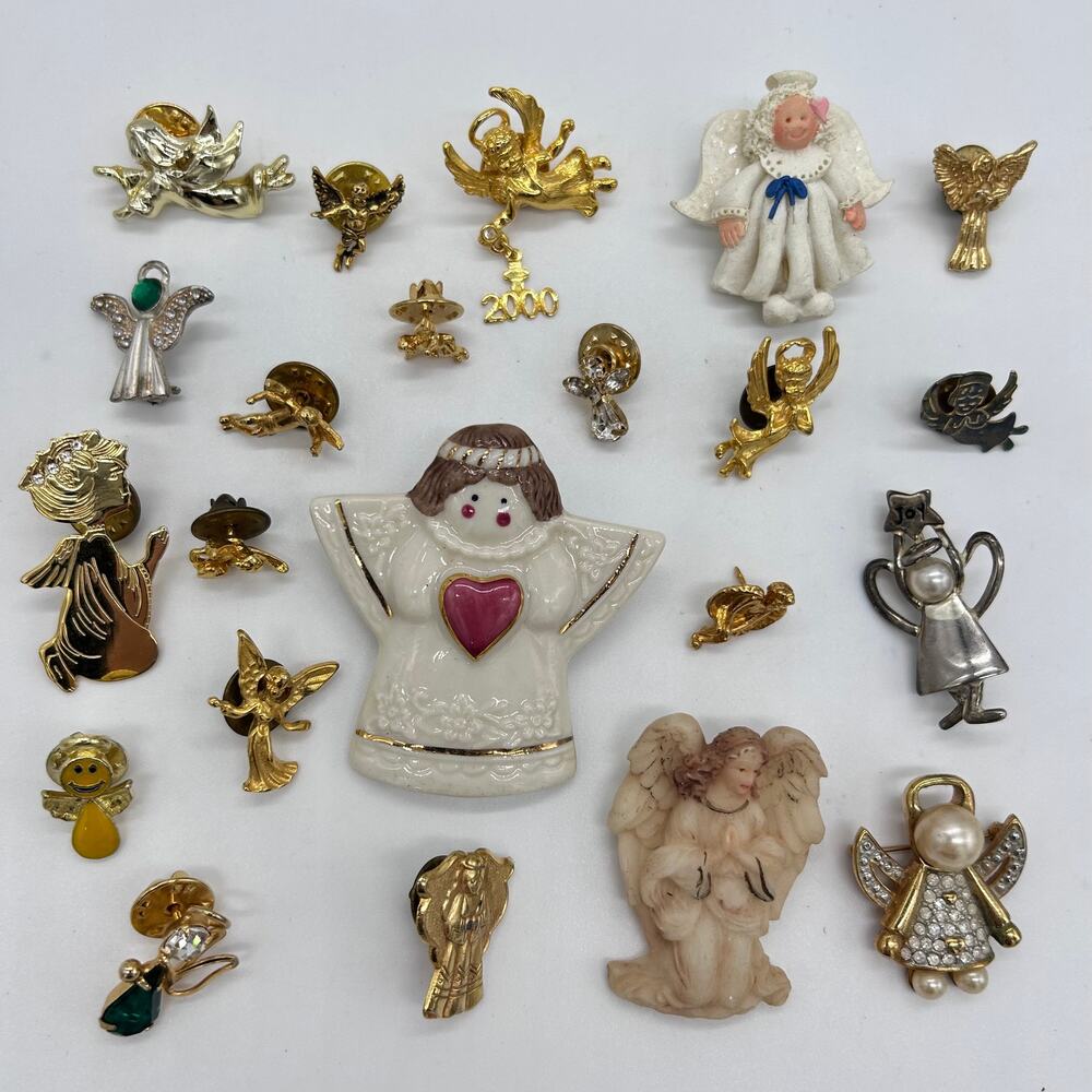 Vintage Angel Pin & Brooch Lot Gold Tone Lapel Ceramic Christian Holiday